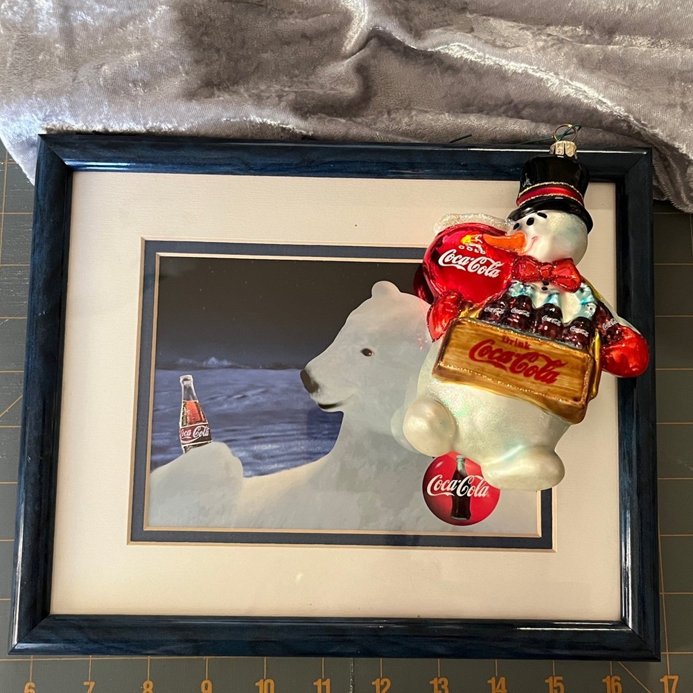 Coca-cola Polar Bear Animation framed print, and Blown Glass Snowman Ornament